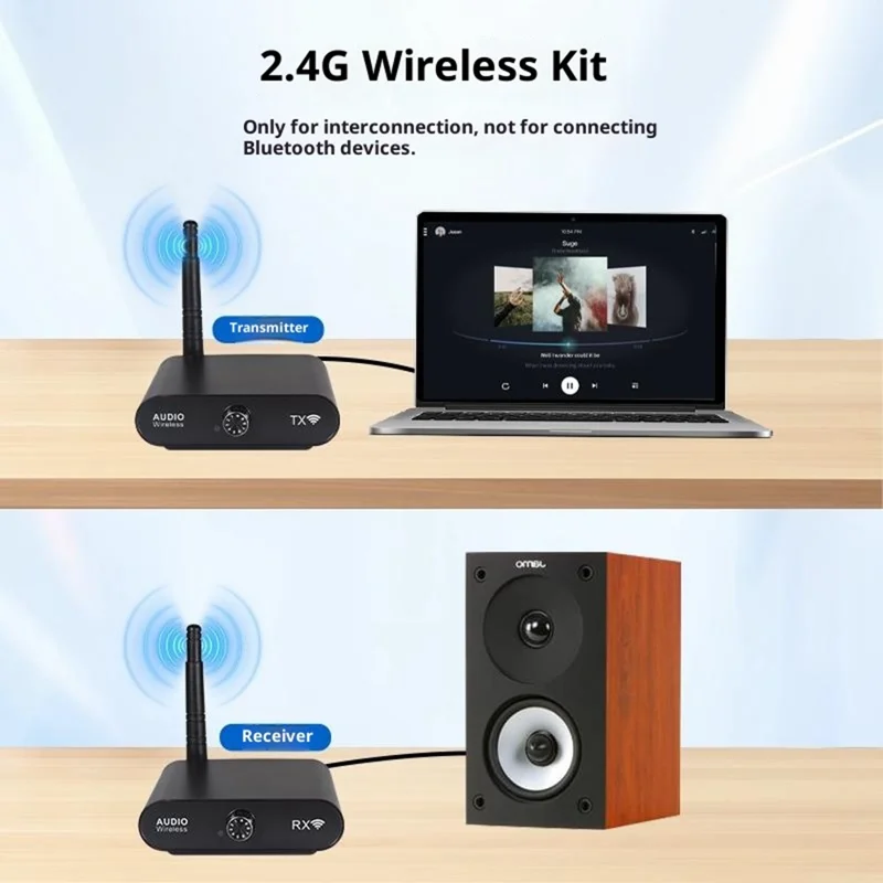 MEASY AU2410 Trasmettitore Audio Wireless con Range 100m, Controllo Volume Doppio Lato Ricevitore Set (1 Trasmettitore + 1 Ricevitore) 1 a 8 Multi-Dispositivo