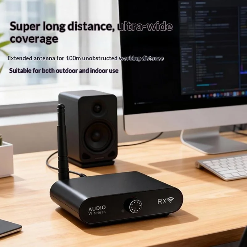 MEASY AU2410 Trasmettitore Audio Wireless con Range 100m, Controllo Volume Doppio Lato Ricevitore Set (1 Trasmettitore + 1 Ricevitore) 1 a 8 Multi-Dispositivo