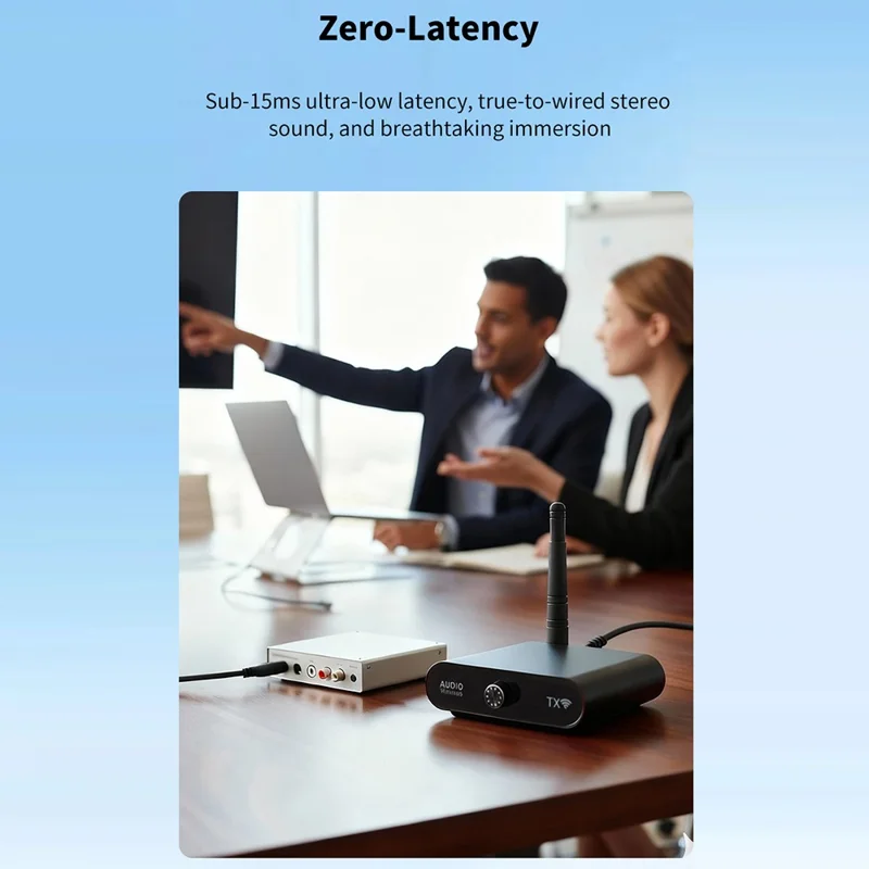 MEASY AU2410 Trasmettitore Audio Wireless con Range 100m, Controllo Volume Doppio Lato Ricevitore Set (1 Trasmettitore + 1 Ricevitore) 1 a 8 Multi-Dispositivo