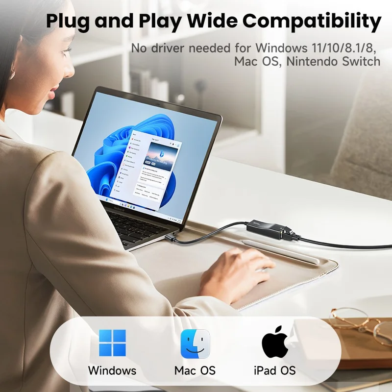 TOOCKI Type-C Ethernet Adapter 100Mbps Driver Free LED Ethernet Converter for Laptop Switch - Schwarz / Type-C