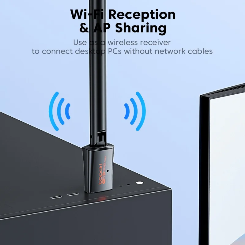 TOOCKI TB07 900Mbps USB WiFi 6 Adapter Bluetooth-compatible 5.4 Driver-Free Wireless Network Card with High Gain Antena