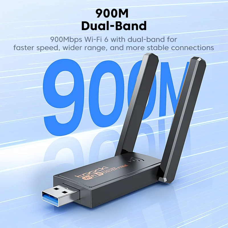 TOOCKI TB07A USB WiFi 6 Adapter 900Mbps Dual Band Bluetooth-compatible 5.4 Wireless Network Card with High Gain Antena
