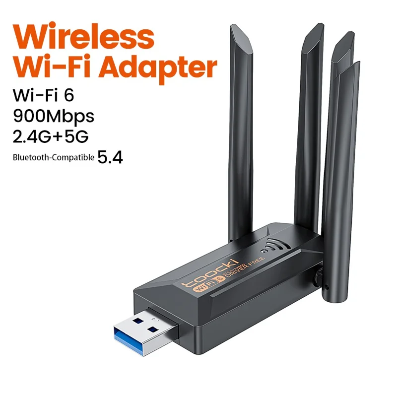 TOOCKI TB07B USB WiFi Dongle 900Mbps Dual Band WiFi 6 Bluetooth-compatible 5.4 Driver-Free Network Adapter - Black