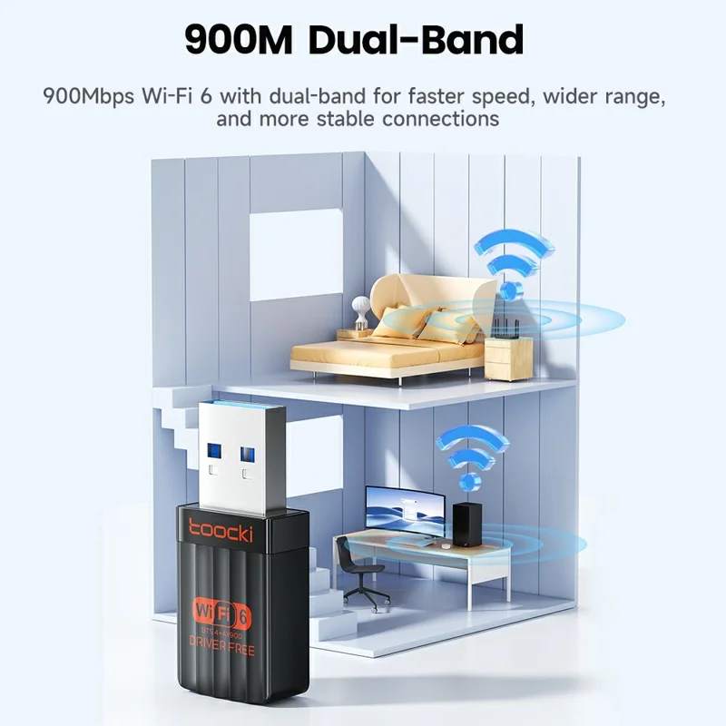 TOOCKI TB08 900Mbps Dual Band WiFi 6 USB Adapter Bluetooth-compatible 5.4 Wireless Driver Free Network Card
