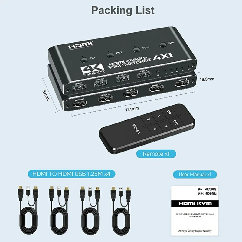 K5-1 4K HD KVM Switch 4 Input 1 Output 4 Ports USB 2.0 Hub Shared Switcher for PC  /  Game Console