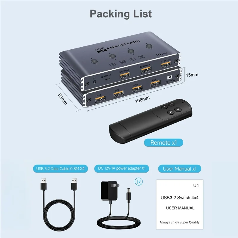 U4 USB 3.2 Gen1 4 Input 4 Output Switch Selector 10Gbps 4 Computers Share 4 USB Switcher Devices with Remote Control - EU Plug