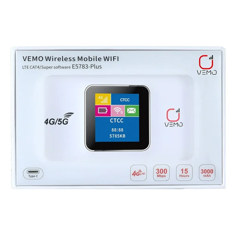 Routeur WiFi 4G portable VEMO E5783-Plus avec affichage LCD, routeur sans fil 3000 mAh avec carte SIM - Blanc
