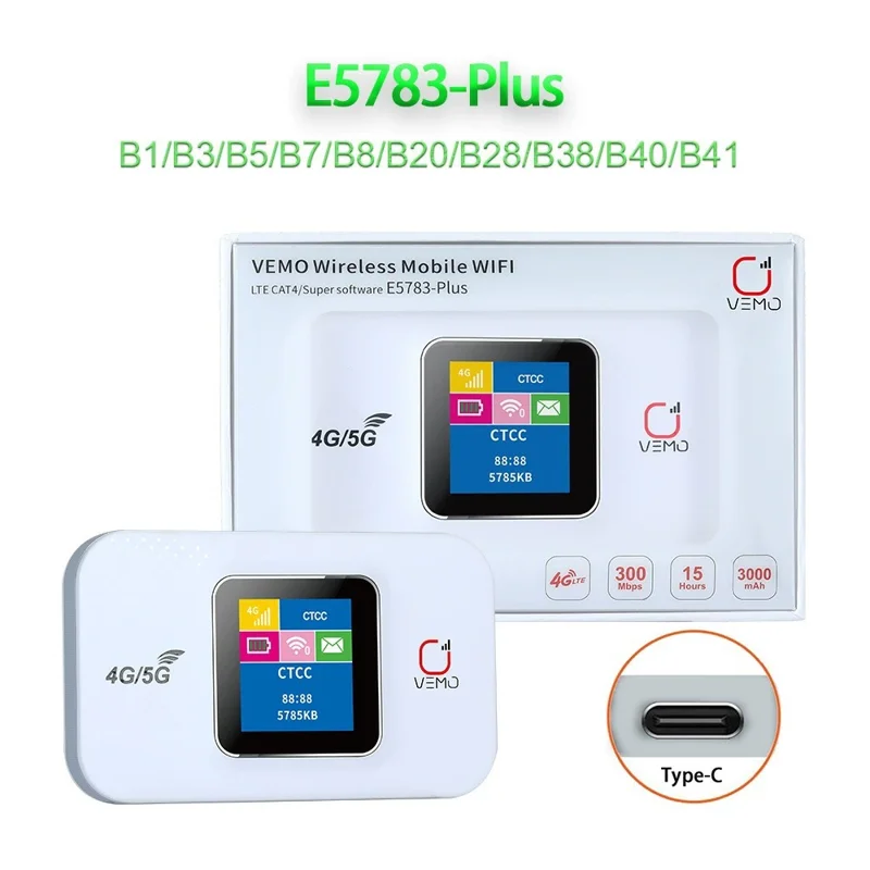 Routeur WiFi 4G portable VEMO E5783-Plus avec affichage LCD, routeur sans fil 3000 mAh avec carte SIM - Blanc