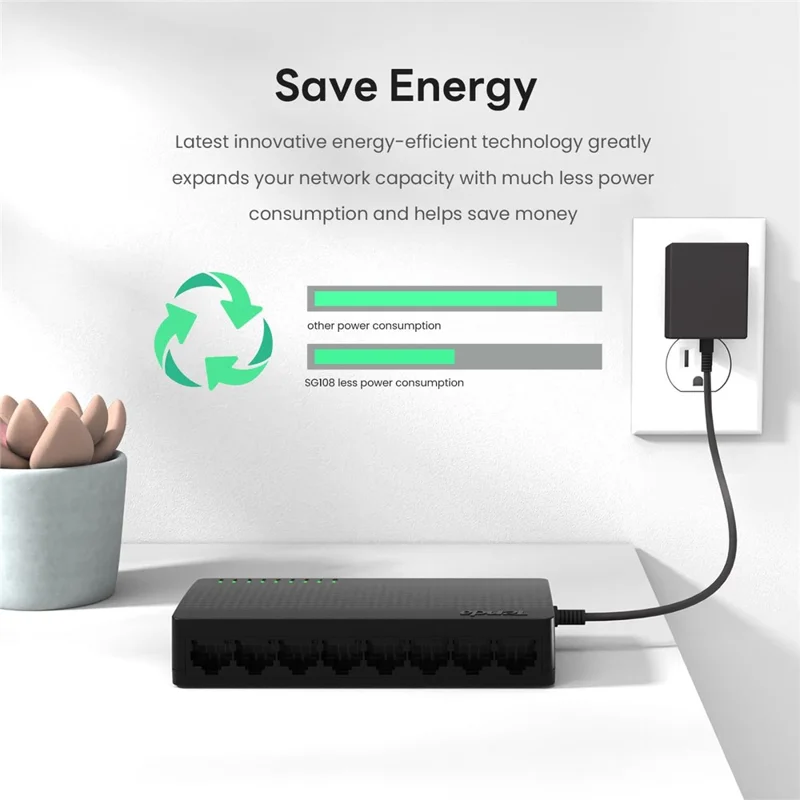 TENDA SG108 Conmutador Ethernet Gigabit de 8 puertos, Plug and Play, para escritorio / montaje en pared, divisor de red, versión para el extranjero - Negro