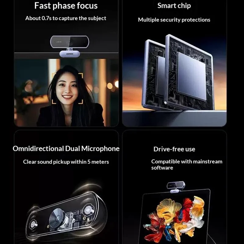 UGREEN CM831-65381 USB 2.0 4K HD Webcam 8MP Dobbelt Mikrofon Auto Fokus Kamera til Videokonference Online Undervisning