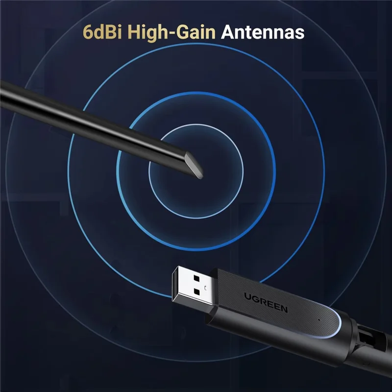 UGREEN CM763-35265 AX900 USB WiFi6 Adapter Dual Band 2.4G / 5G Wireless Network Card with 6dBi External Antenna - Black