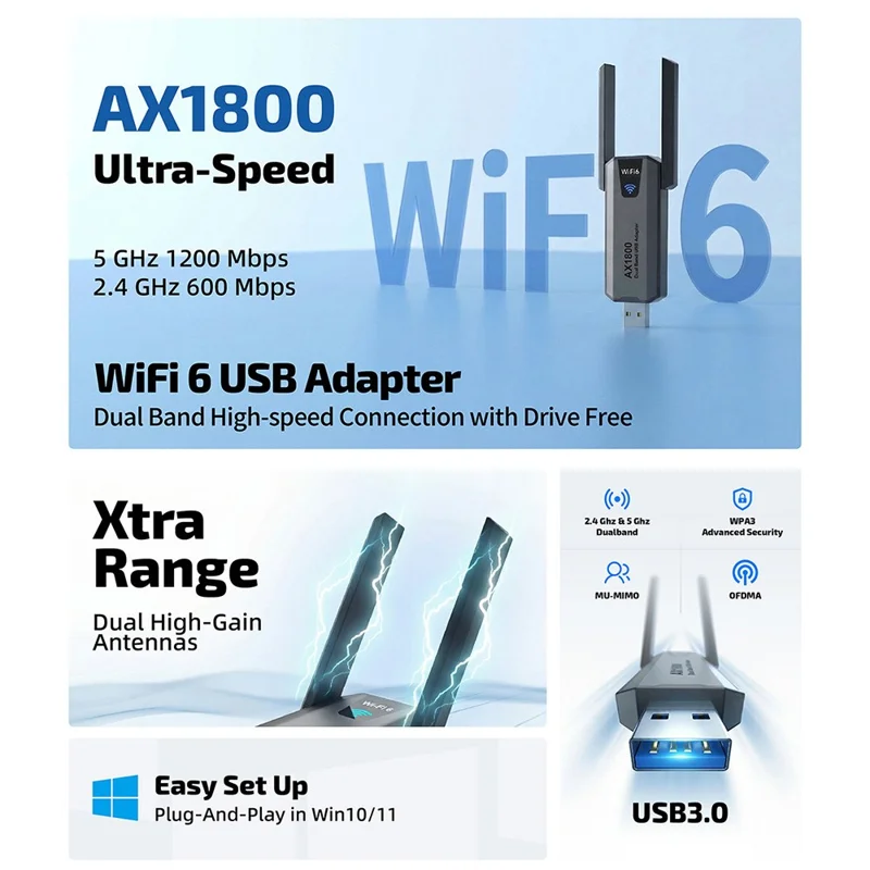 AX1800 USB 3.0 WiFi 6 Adapter 1800Mbps 5GHz / 2.4GHz Dual Band Wireless Network Card for PC Desktop - Black