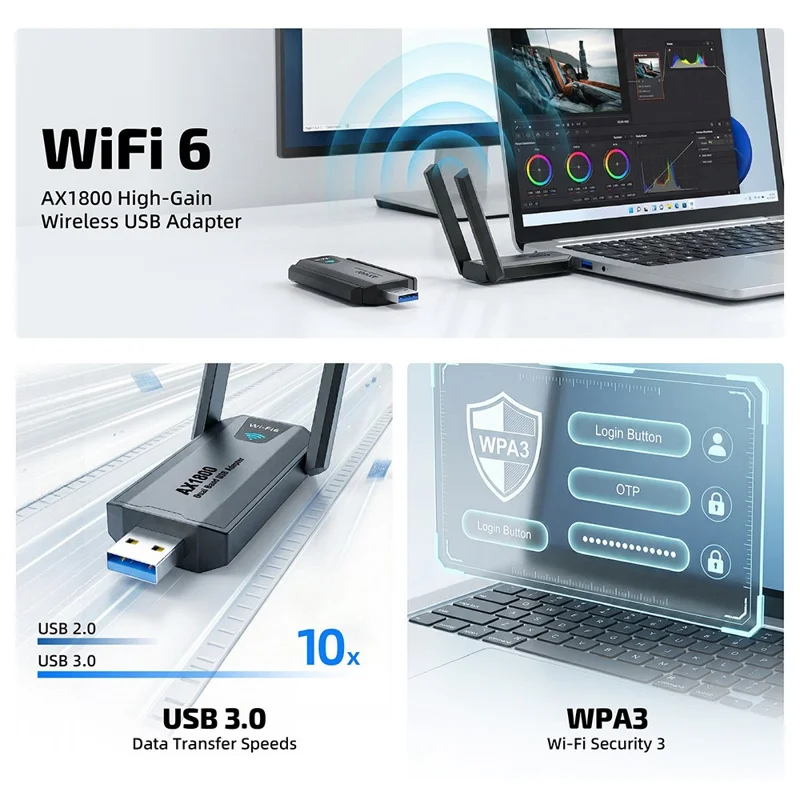 AX1800 USB 3.0 WiFi 6 Adapter 1800Mbps 5GHz / 2.4GHz Dual Band Wireless Network Card for PC Desktop - Black