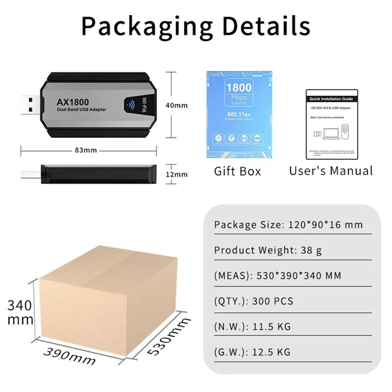 AX1800 USB 3.0 WiFi 6 Adapter 1800Mbps 5GHz / 2.4GHz Dual Band Wireless Network Card for PC Desktop - Black