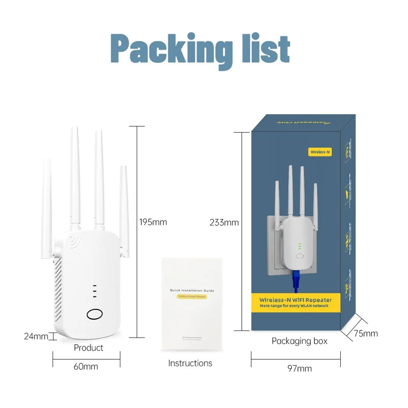 RE1200D 1200Mbps WiFi Extender Repeater 4 Antennas Dual Band Wireless Network Signal Booster for Home Office - US Plug