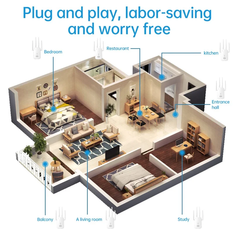 RE1200D 1200Mbps WiFi Extender Repeater 4 Antennas Dual Band Wireless Network Signal Booster for Home Office - US Plug