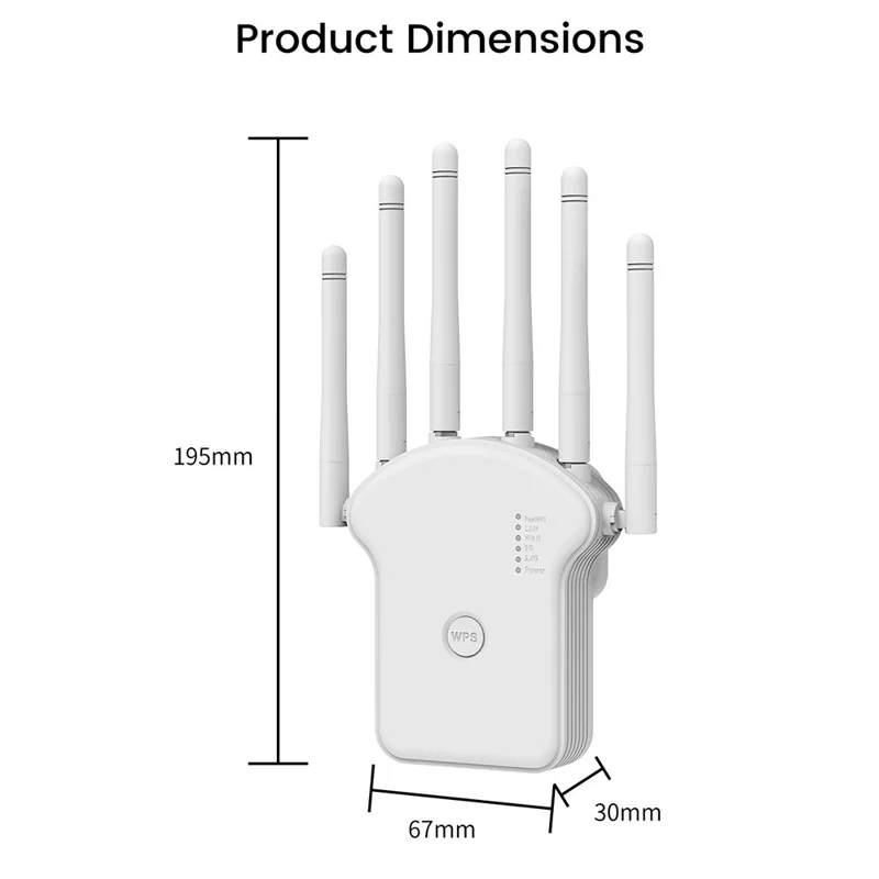 RE1200LN 1200Mbps WiFi Repeater Range Extender 6 Antennas Wireless Network Signal Booster for Home Office - US Plug
