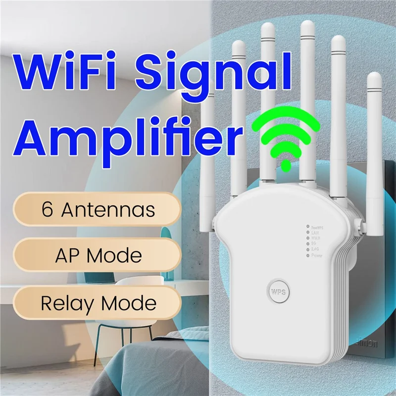RE1200LN 1200Mbps WiFi Repeater Range Extender 6 Antennas Wireless Network Signal Booster for Home Office - US Plug