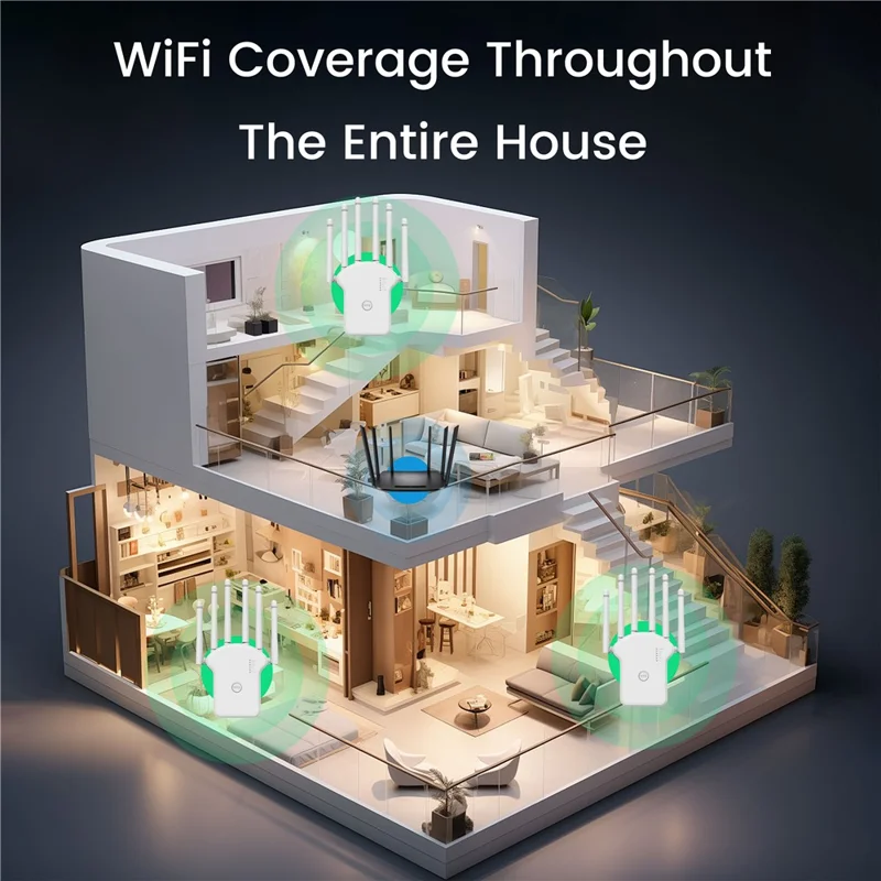 RE1200LN 1200Mbps WiFi Repeater Range Extender 6 Antennas Wireless Network Signal Booster for Home Office - US Plug
