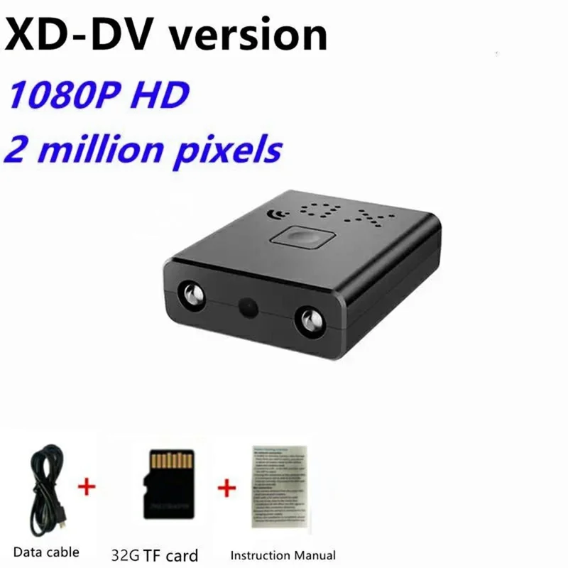XD Ultra Mini Camera with 32GB TF Card + Card Reader 1080P HD Video Recorder Night Vision Motion Detection for Home Security - Black