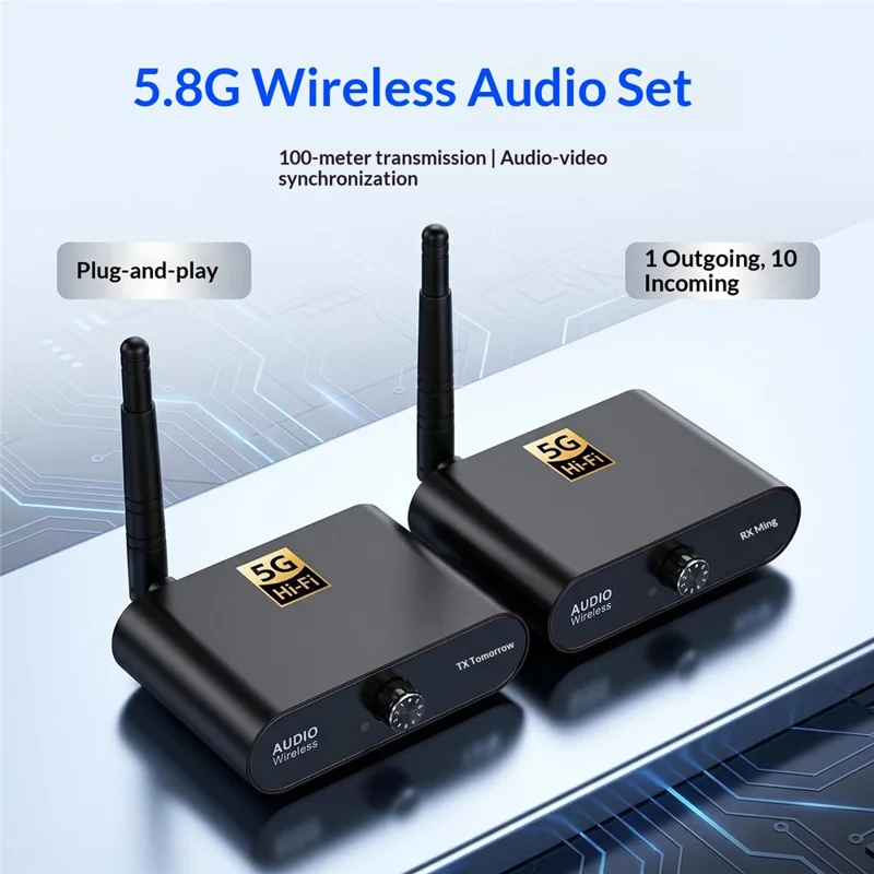 AU5810 5.8G Wireless Audio Transmitter Receiver Set 100M Range 1TX to 10RX Hi-Fi AUX Adapter for Multi-Room - Black