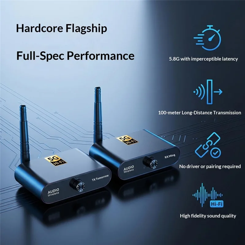 AU5810 5.8G Wireless Audio Transmitter Receiver Set 100M Range 1TX to 10RX Hi-Fi AUX Adapter for Multi-Room - Black
