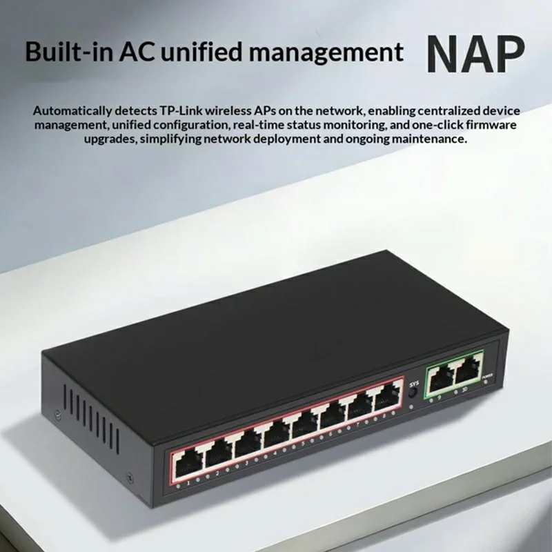 10-Port Full Gigabit PoE AC Controller 8 PoE LAN + 2 Gigabit WAN 30W Wall Mount Controller - Black