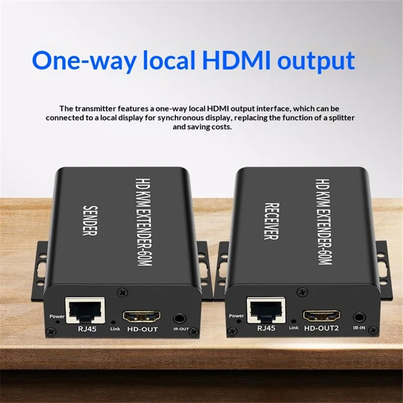 HKE60A HDMI KVM Extender 60m 1080P Dual HDMI Loop Out IR Remote Control POC Single Cable for Conference Room - Black