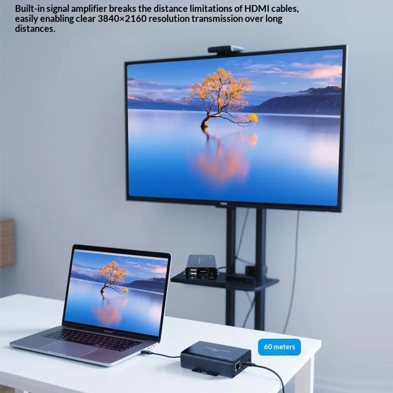4KHKE60A 60 m CAT5e / CAT6 HD KVM-forlænger, transmitter + modtager 4K USB KVM IR-retur til fjernstyret AV-styring / IT-rack - US-stik