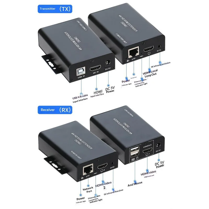 4KHKE60A 60 m CAT5e / CAT6 HD KVM-forlænger, transmitter + modtager 4K USB KVM IR-retur til fjernstyret AV-styring / IT-rack - US-stik