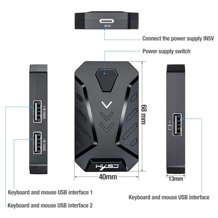 HXSJ P8 Teclado Con Cable Converter de Mouse Portátil de Juego Móvil Portátil y Adaptador de Mouse Con 3 Puertos USB Para Teléfonos Android