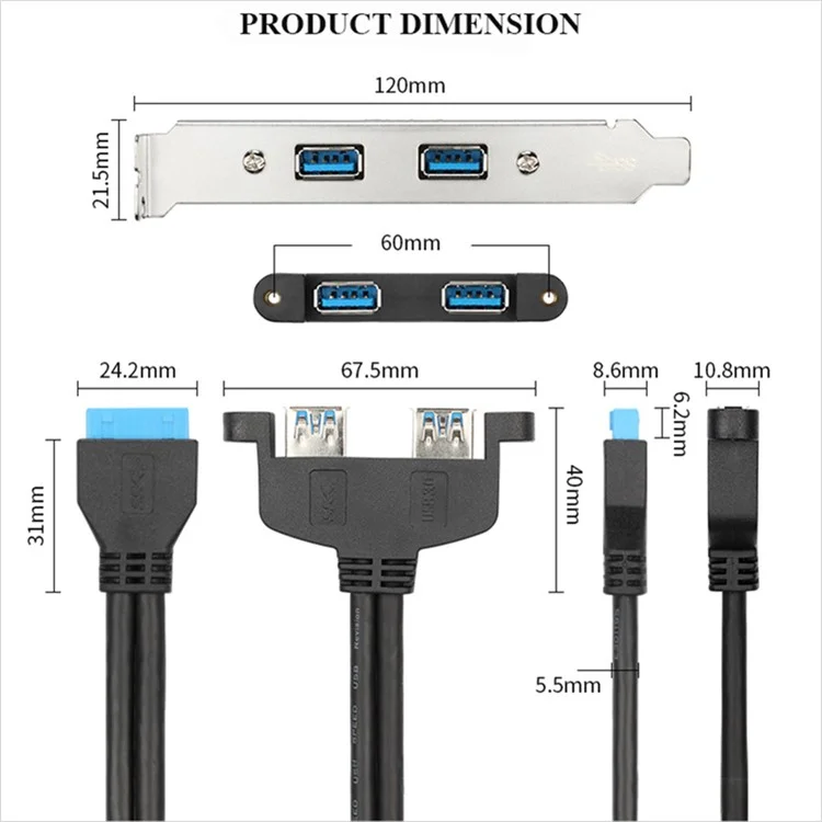 2 Port USB3.0 Hub 20Pin Header to Female F/2AF PCI Adapter Rear Panel Cable Extension PC Motherboard Parts (0.5m) - Blue