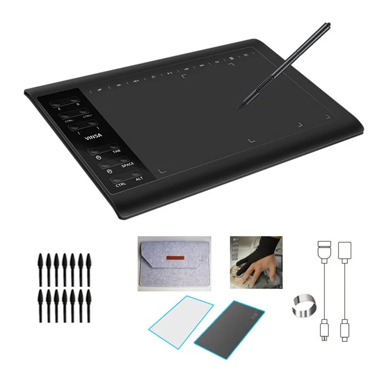 VINSA Tavoletta Grafica Elettronica Digitale Tavoletta da Disegno a Mano + Penna Sensibile alla Pressione con Film da Sensazione Manuale e Borsa da Trasporto Kit Set per Telefono Cellulare Computer Laptop
