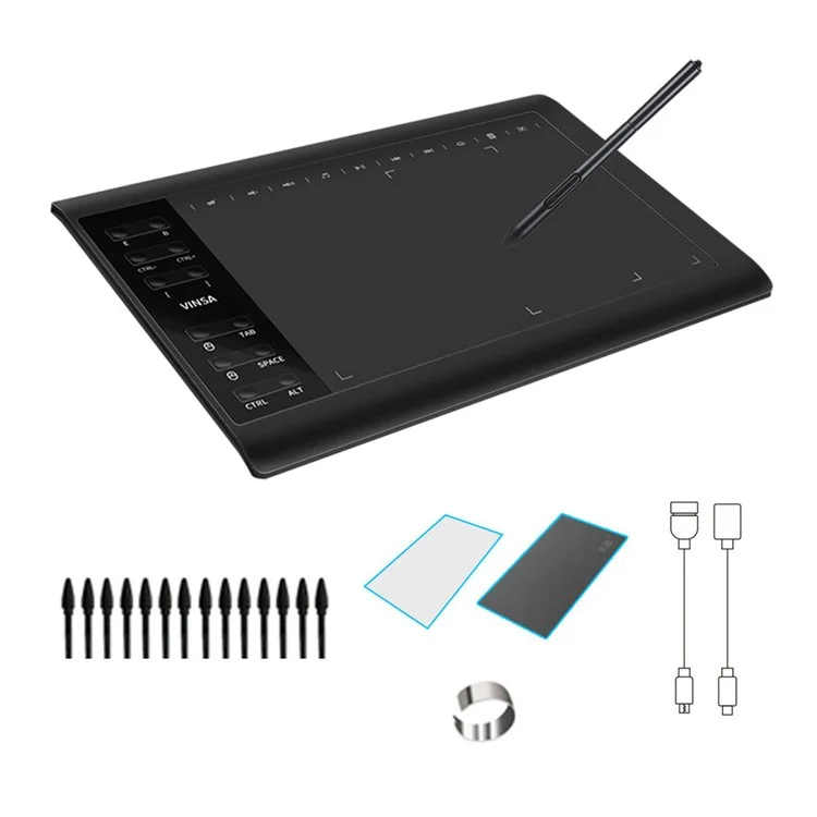 VINSA Digitales Tablett, Elektronische Zeichenplatte, Handzeichnungstafel + druckempfindlicher Stift mit Nachfüllungen, Handgrifffilm-Kit-Set für Mobiltelefon, Computer, Laptop