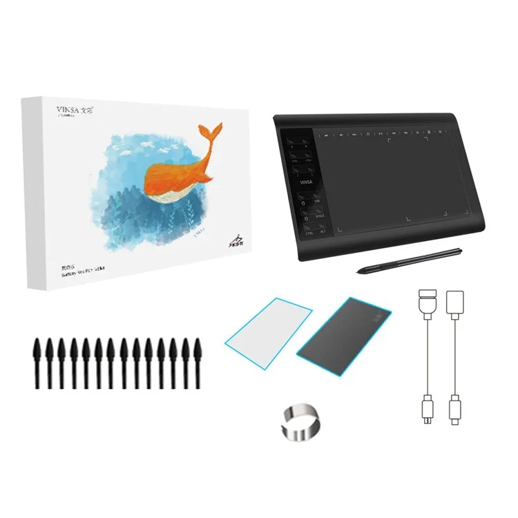 VINSA Digitales Tablett, Elektronische Zeichenplatte, Handzeichnungstafel + druckempfindlicher Stift mit Nachfüllungen, Handgrifffilm-Kit-Set für Mobiltelefon, Computer, Laptop