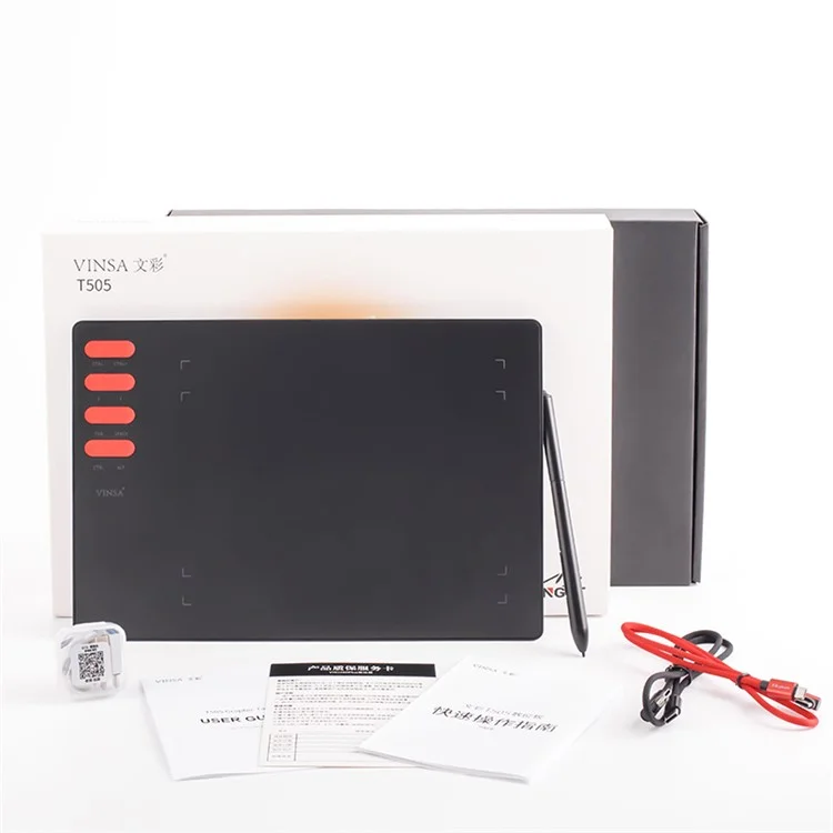 VINSA T505 Hand Drawing Board Digital Tablet with Shortcut Keys + Pressure Sensitive Pen Spare Refills OTG Adapter Set for Mobile Phone Computer Laptop
