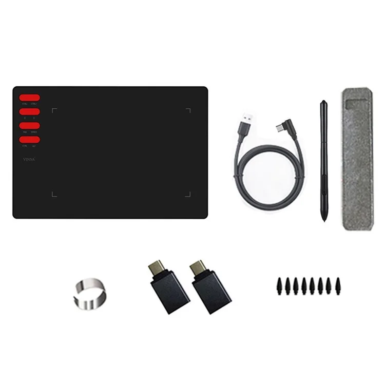VINSA T505 Hand Drawing Board Digital Tablet with Shortcut Keys + Pressure Sensitive Pen Spare Refills OTG Adapter Set for Mobile Phone Computer Laptop