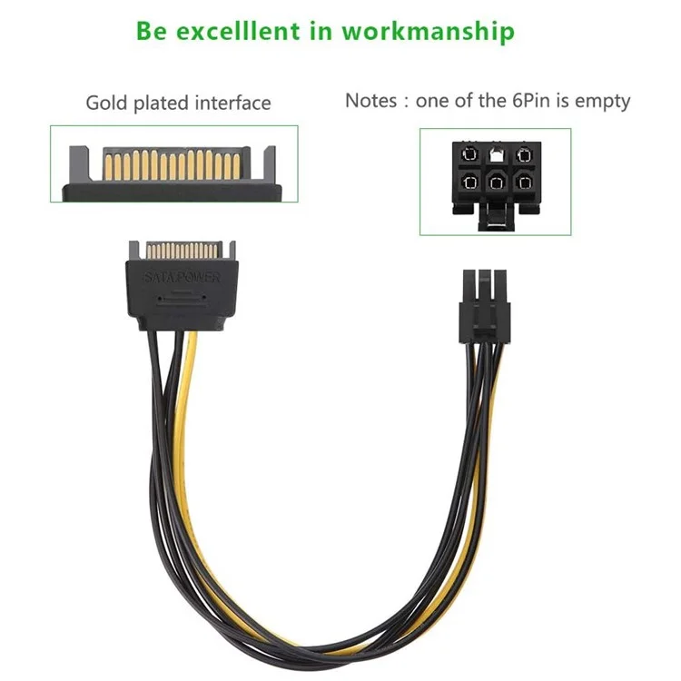 UGREEN 50943 0.2m SATA Power Cable SATA 15-pin to 6-pin PCI Express Graphics Card Power Cable Supports ATI/Nvidia Graphics Cards