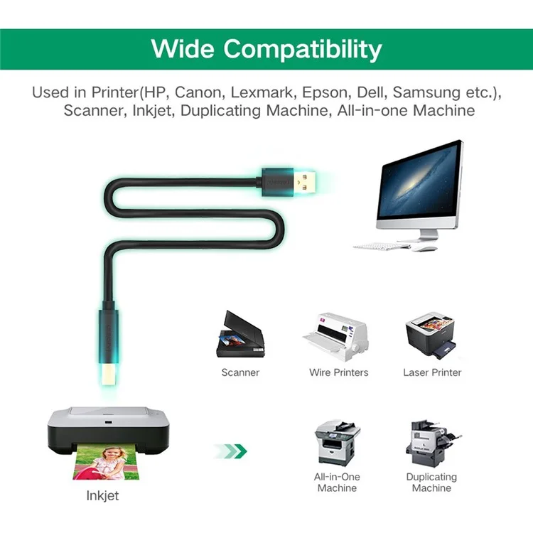 UGREEN 10374 Câble d'imprimante USB de 10 m avec amplificateur d'extension USB2.0 mâle vers USB B mâle, prise en charge du transfert de données jusqu'à 480 Mbps compatible avec Mac/HP/Canon/Dell/Xerox/Samsung