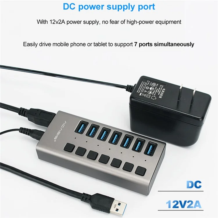 ACASIS HS-707MG 7 Ports USB3.0 5Gbps High Speed Transmission Charging Dock USB Hub Splitter with Independent Switch - Prise US