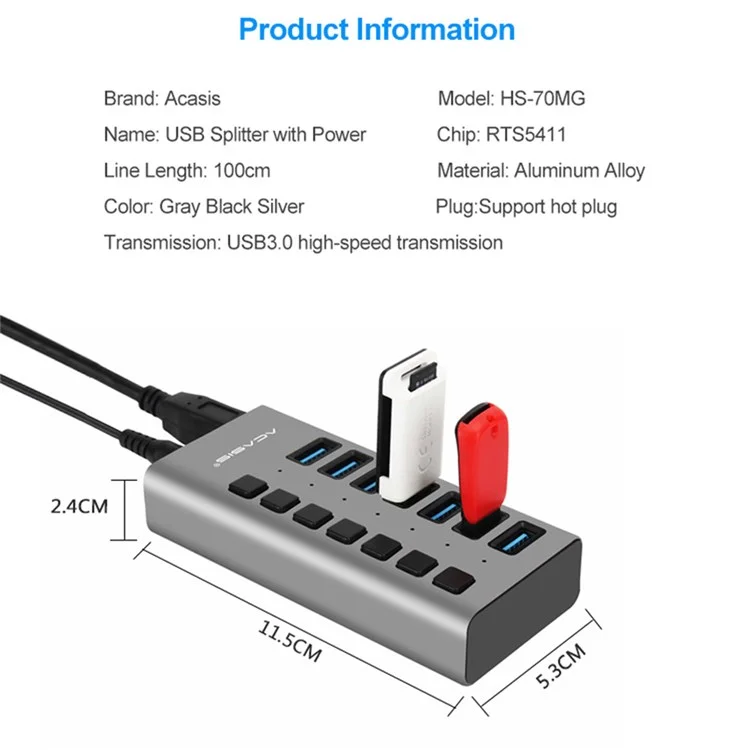 ACASIS HS-707MG 7 Ports USB3.0 5Gbps High Speed Transmission Charging Dock USB Hub Splitter with Independent Switch - Prise US
