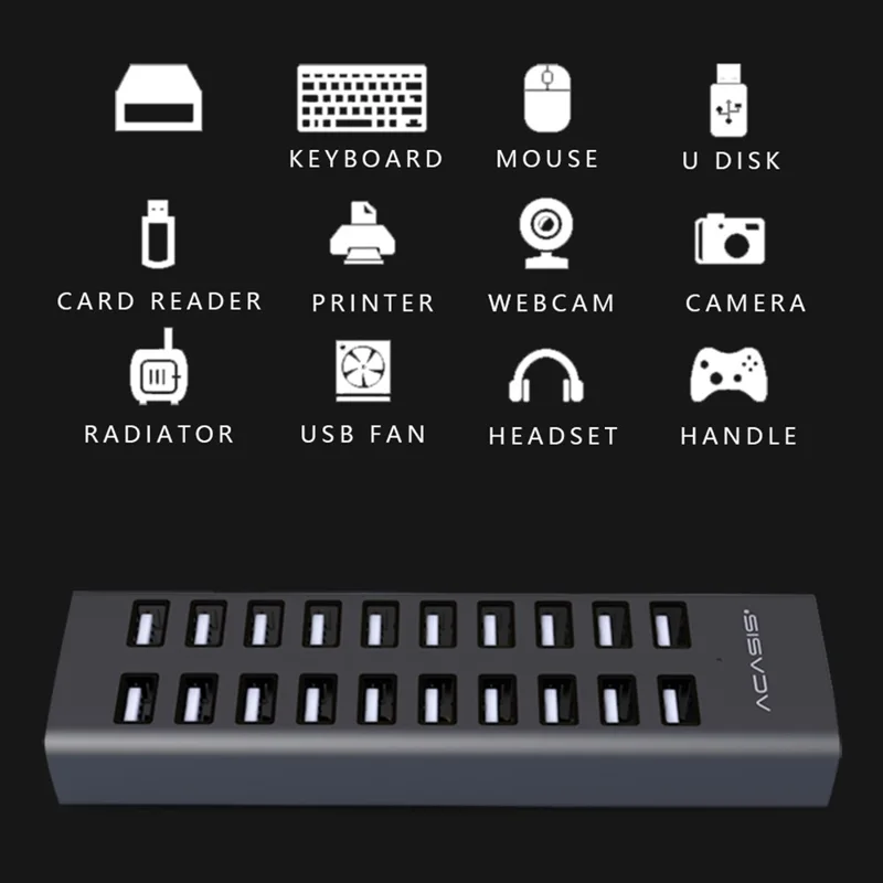 ACASIS H037 USB2.0 Hub Multi-Function Extended 20-Port Hub Adapter with Power Supply Port - UK Plug