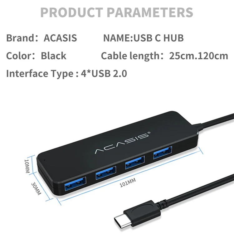 ACASIS AC2-L412 1.2m Type-C to 4 USB2.0 Hub Adapter Portable USB-C Hub Multi-Port Type-C Splitter Converter Support 480Mbps Data Transfer