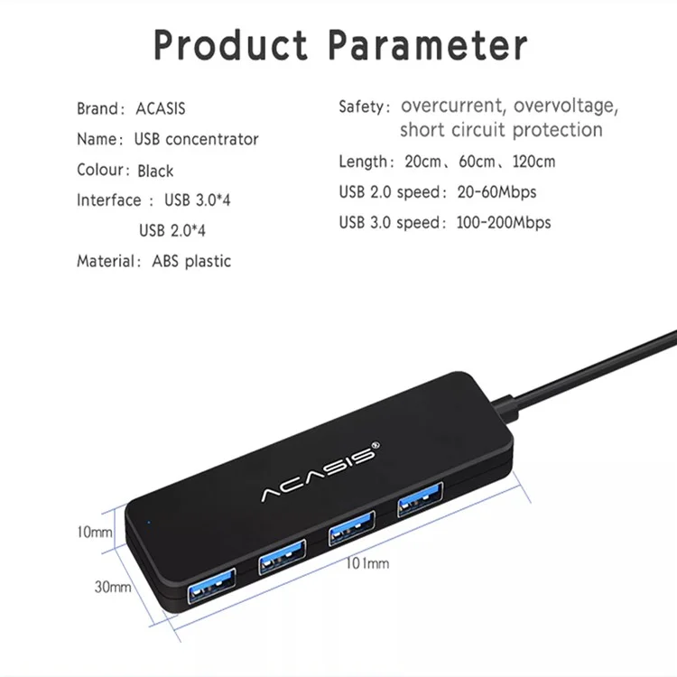 ACASIS AB2-L412 Câble 1,2m 4 Ports USB2.0 Hub 480 Mbps Trafeuille de Données Splitter de Moyeu USB