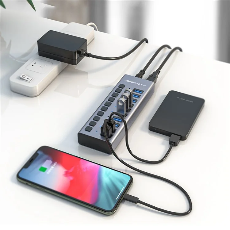 ACASIS HS-710MG 10 Ports USB3.0 Splitter 5Gbps High Speed Transmission Charging Dock USB Hub avec Interrupteur Indépendant - Gris/Prise EU