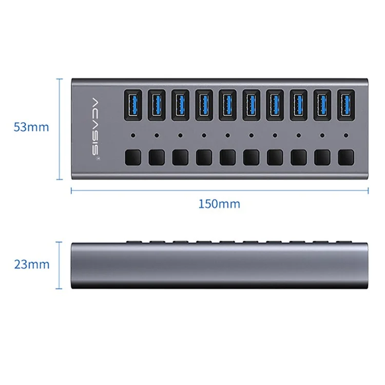 ACASIS HS-710MG 10 Ports USB3.0 Splitter 5Gbps High Speed Transmission Charging Dock USB Hub avec Interrupteur Indépendant - Gris/Prise EU