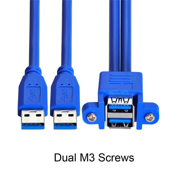 U3-104 50 cm Câble d'extension USB 3.0 mâle à double USB femelle empilable avec des trous de montage sur panneau à vis