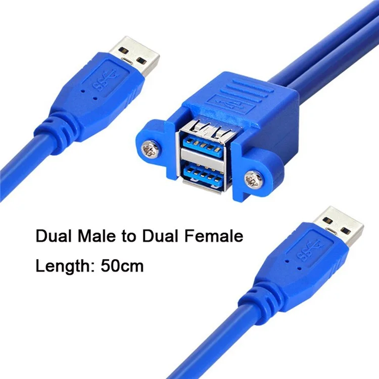 U3-104 50cm Dual USB 3.0 Male to Stackable Dual USB Female Extension Cable with Screw Panel Mount Holes