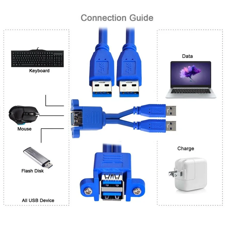 U3-104 50 cm Câble d'extension USB 3.0 mâle à double USB femelle empilable avec des trous de montage sur panneau à vis