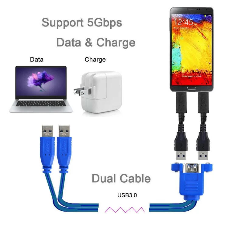 U3-104 50 cm Câble d'extension USB 3.0 mâle à double USB femelle empilable avec des trous de montage sur panneau à vis